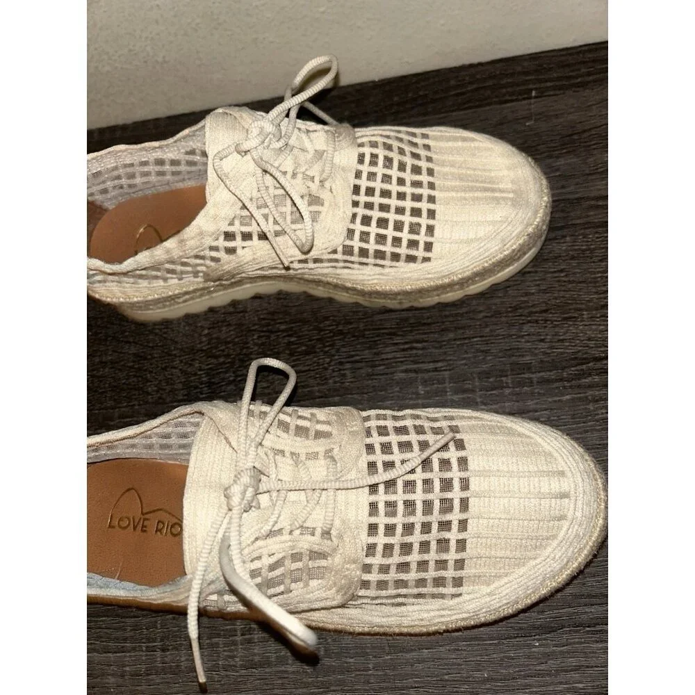 Love Rio Elsie Beige Crochet Natural Lace Up Low Top Boho Hippie Sneakers Size 8